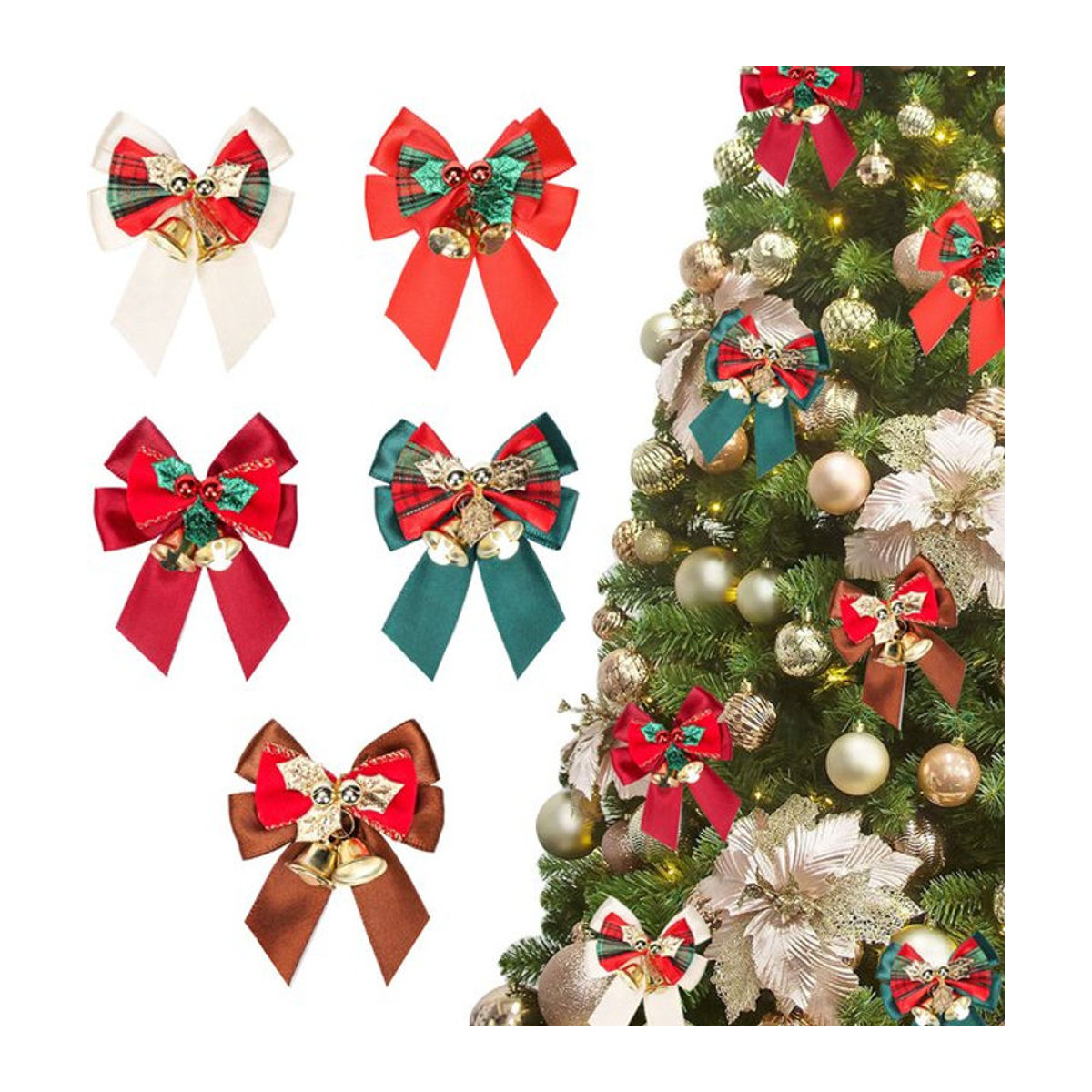 10 Stück weihnachtliche Stoff-Schleifen mit Glöckchen in Braun und Mehrfarbig als Hängeornamente zur Dekoration - Bild 1
