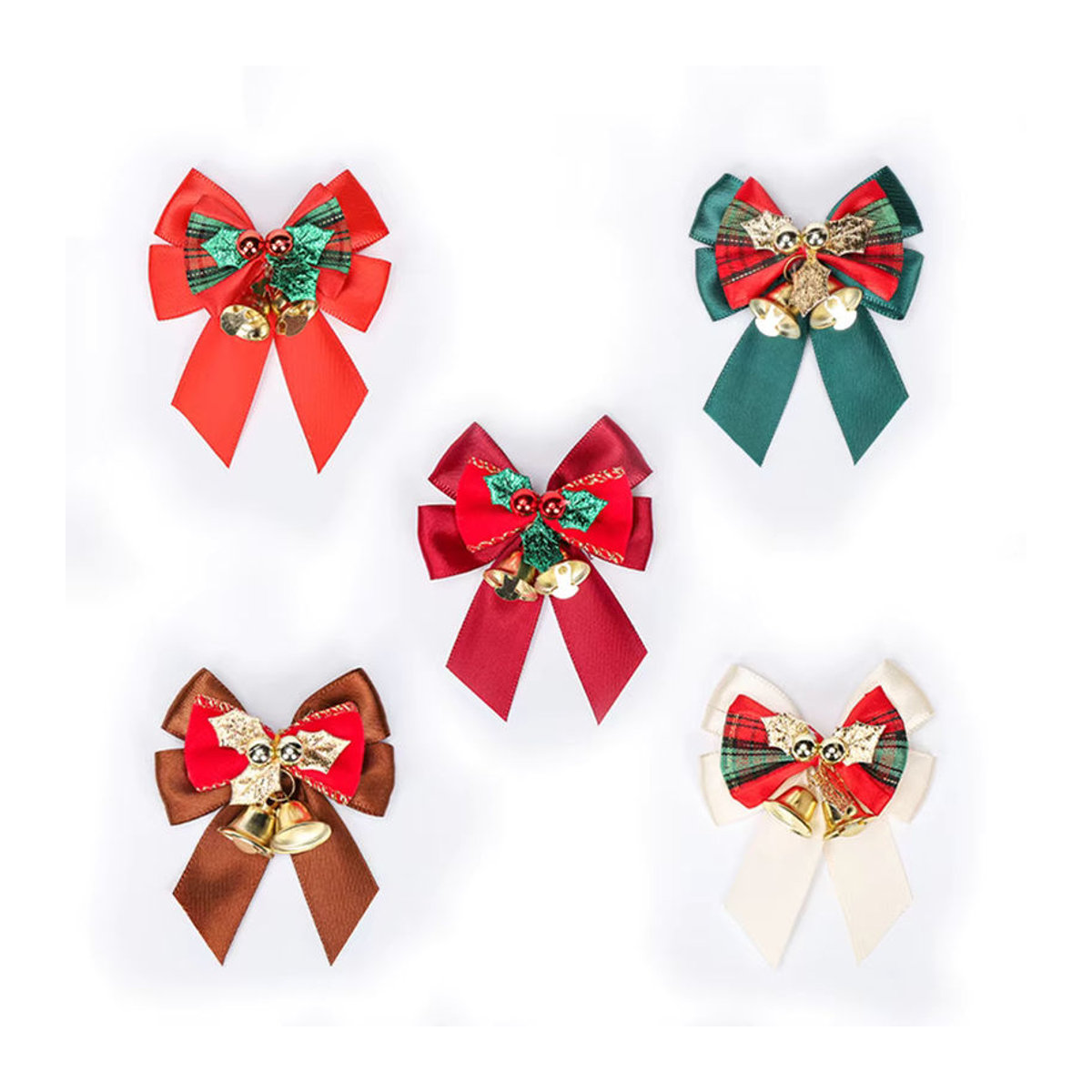 10 Stück weihnachtliche Stoff-Schleifen mit Glöckchen in Braun und Mehrfarbig als Hängeornamente zur Dekoration - Bild 5