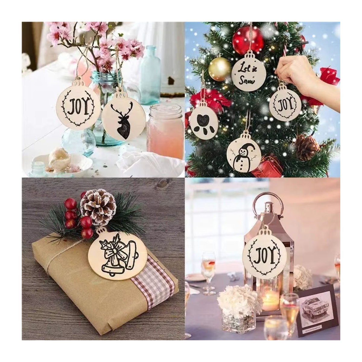 100 Stück Runde Weihnachts-Hängeornamente aus Holz mit Frohe Weihnachten Schriftzug in Braun und Beige für DIY Dekorationen - Bild 1