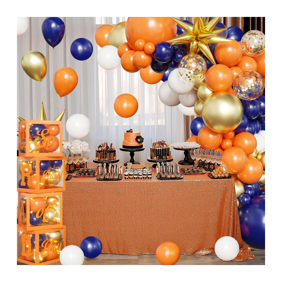 101-teiliges Party-Ballonbogen-Set in Blau, Orange und Gold mit Sternen und Explosionsstern-Motiv - Bild 2