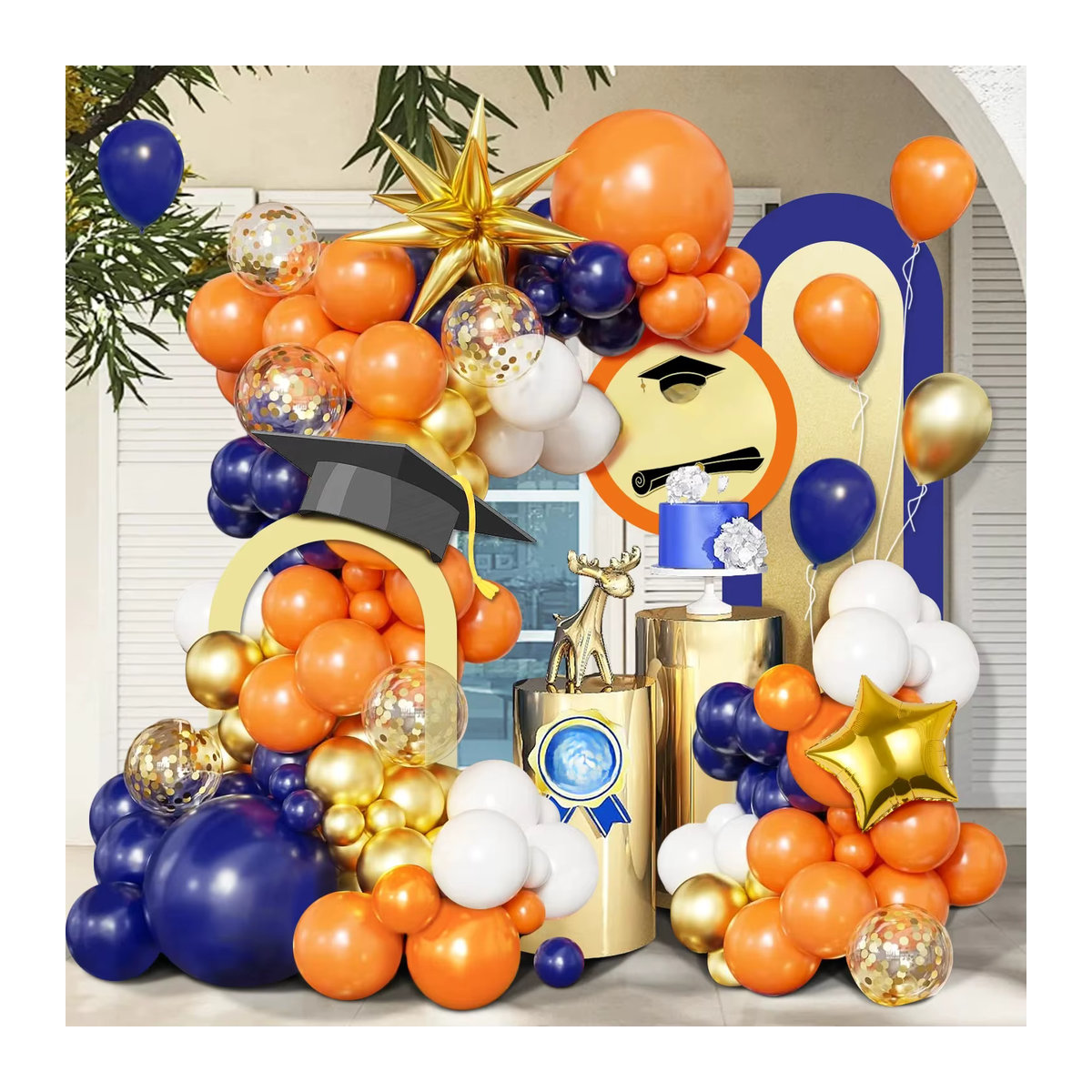 101-teiliges Party-Ballonbogen-Set in Blau, Orange und Gold mit Sternen und Explosionsstern-Motiv - Bild 4