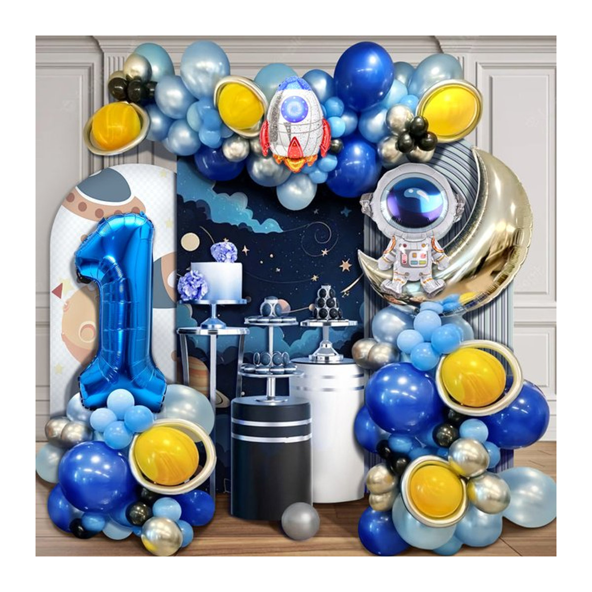103-teiliges Ballonbogen-Set Outer Space für den 1. Geburtstag in Blau, Silber und Gelb mit Mond- und Sternenmotiven - Bild 1