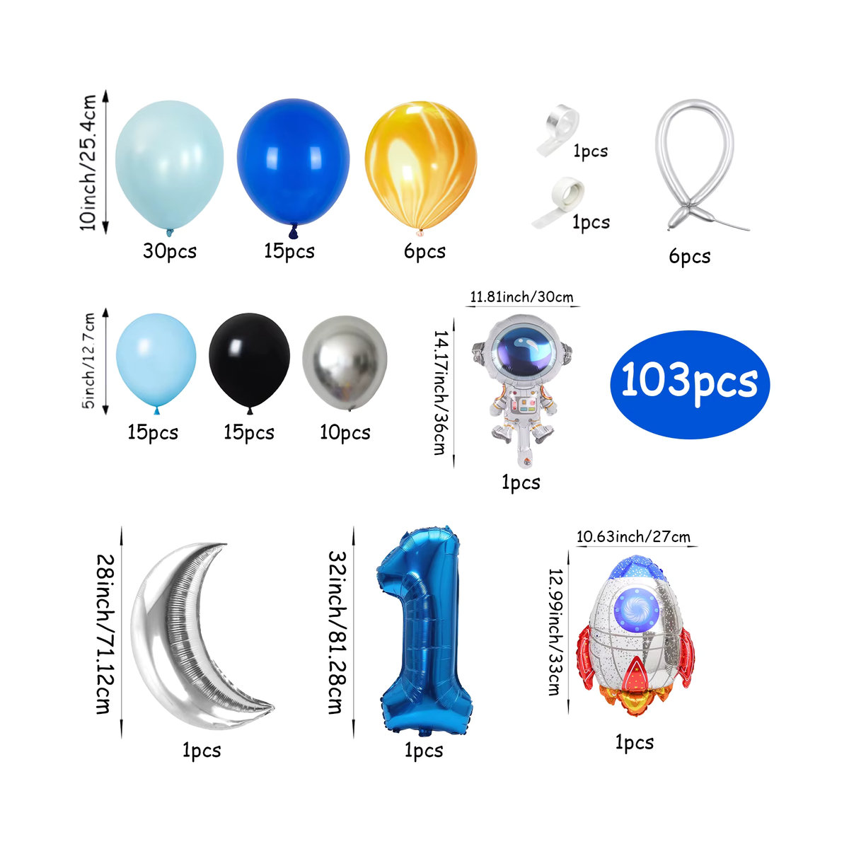 103-teiliges Ballonbogen-Set Outer Space für den 1. Geburtstag in Blau, Silber und Gelb mit Mond- und Sternenmotiven - Bild 2