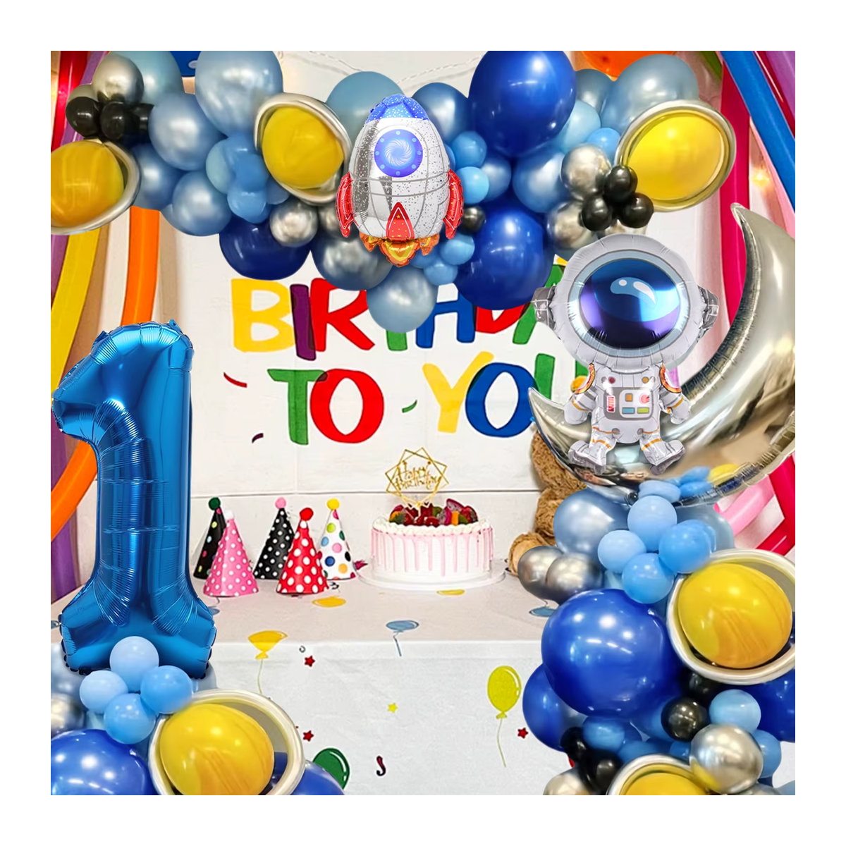 103-teiliges Ballonbogen-Set Outer Space für den 1. Geburtstag in Blau, Silber und Gelb mit Mond- und Sternenmotiven - Bild 4