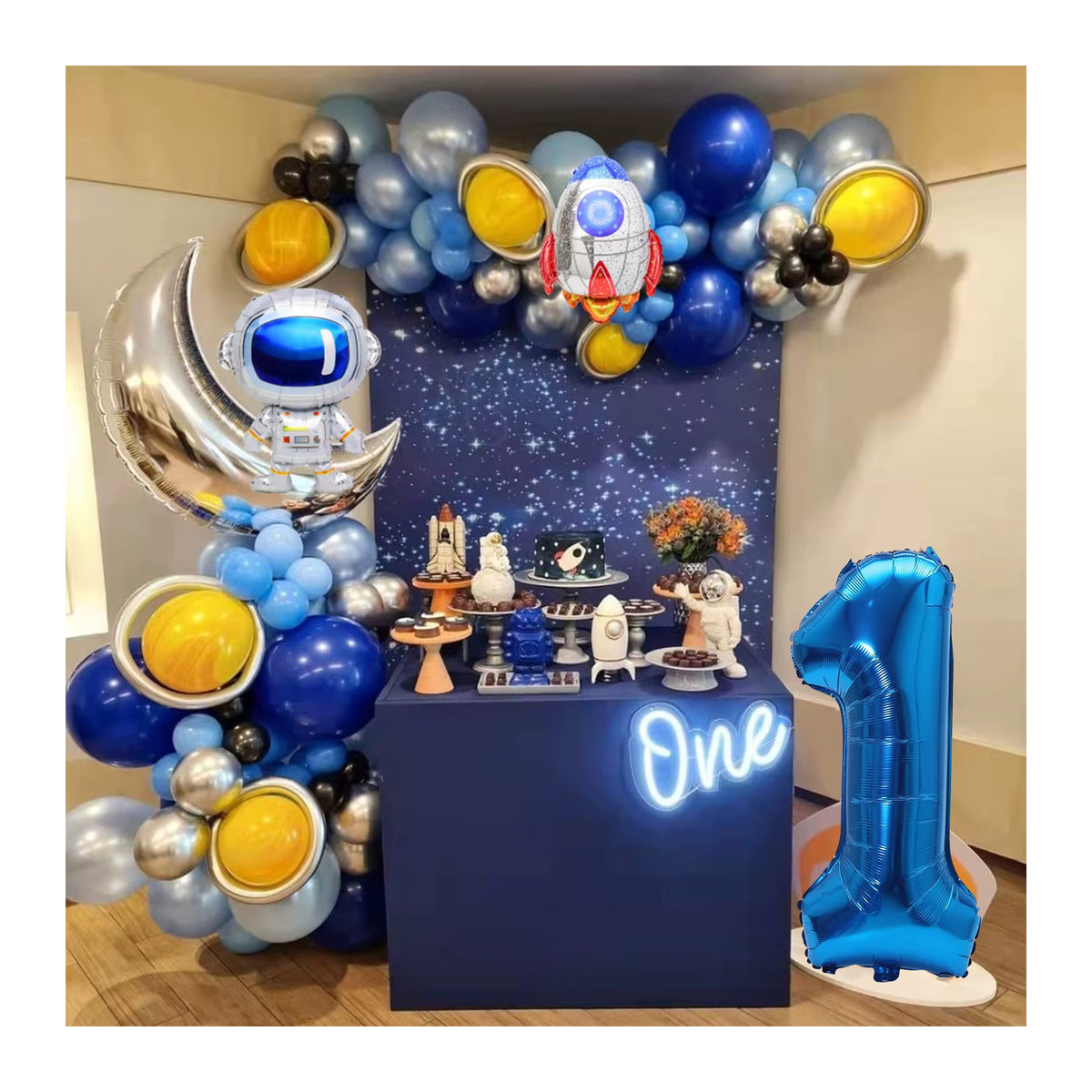 103-teiliges Ballonbogen-Set Outer Space für den 1. Geburtstag in Blau, Silber und Gelb mit Mond- und Sternenmotiven - Bild 5
