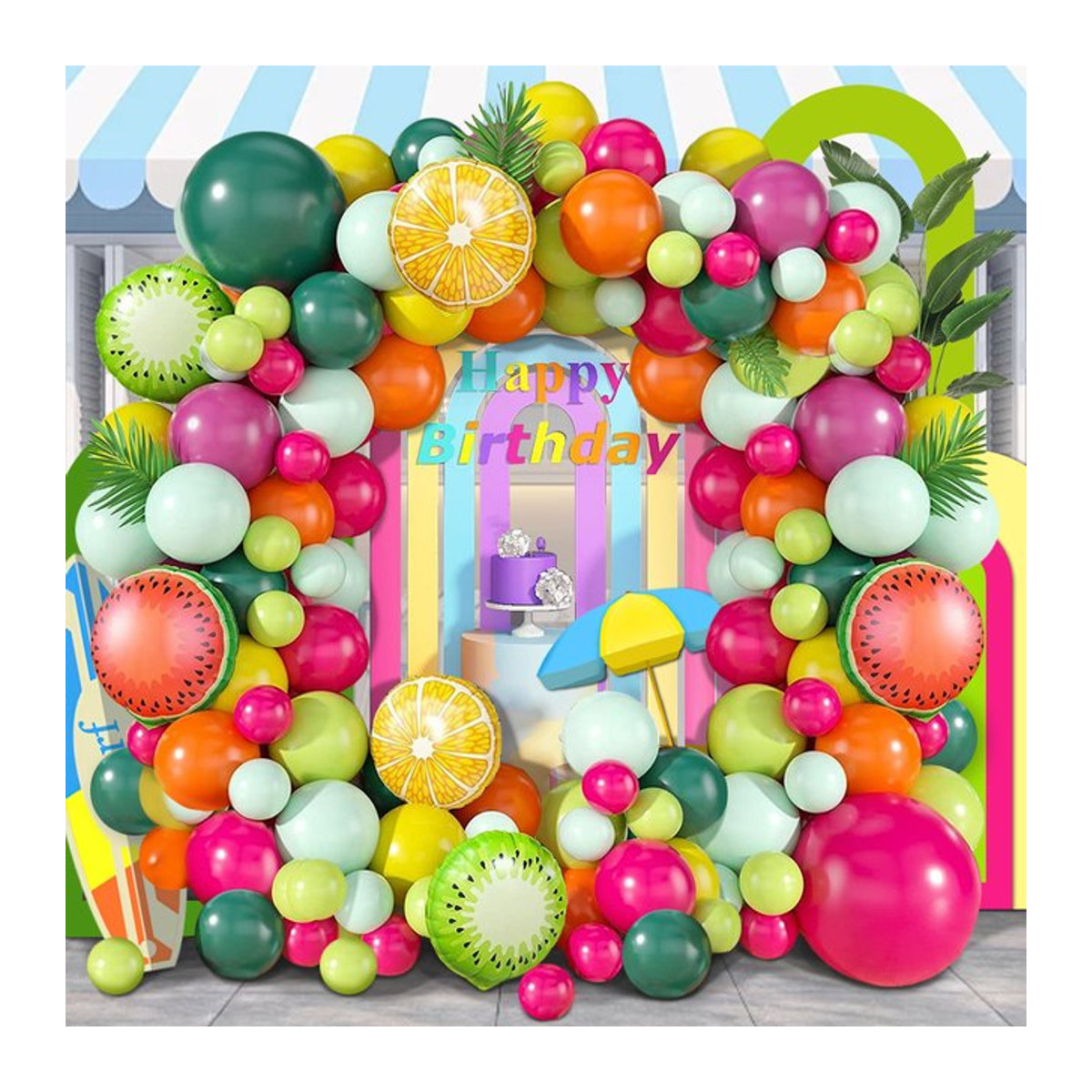 105-teiliges hawaiianisches Sommer-Ballonkranz-Set mit Fruchtmotiv in den Farben Rosa, Gelb, Grün, Orange und Wassermelone für deinen Geburtstag - Bild 1