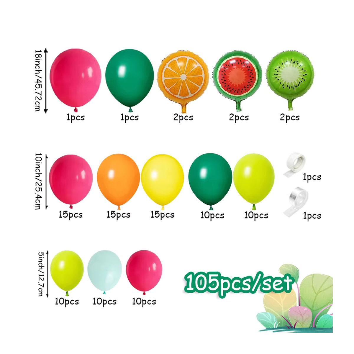 105-teiliges hawaiianisches Sommer-Ballonkranz-Set mit Fruchtmotiv in den Farben Rosa, Gelb, Grün, Orange und Wassermelone für deinen Geburtstag - Bild 2