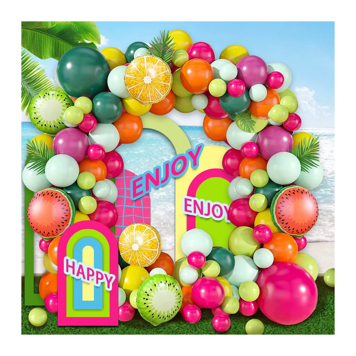 105-teiliges hawaiianisches Sommer-Ballonkranz-Set mit Fruchtmotiv in den Farben Rosa, Gelb, Grün, Orange und Wassermelone für deinen Geburtstag - Bild 3