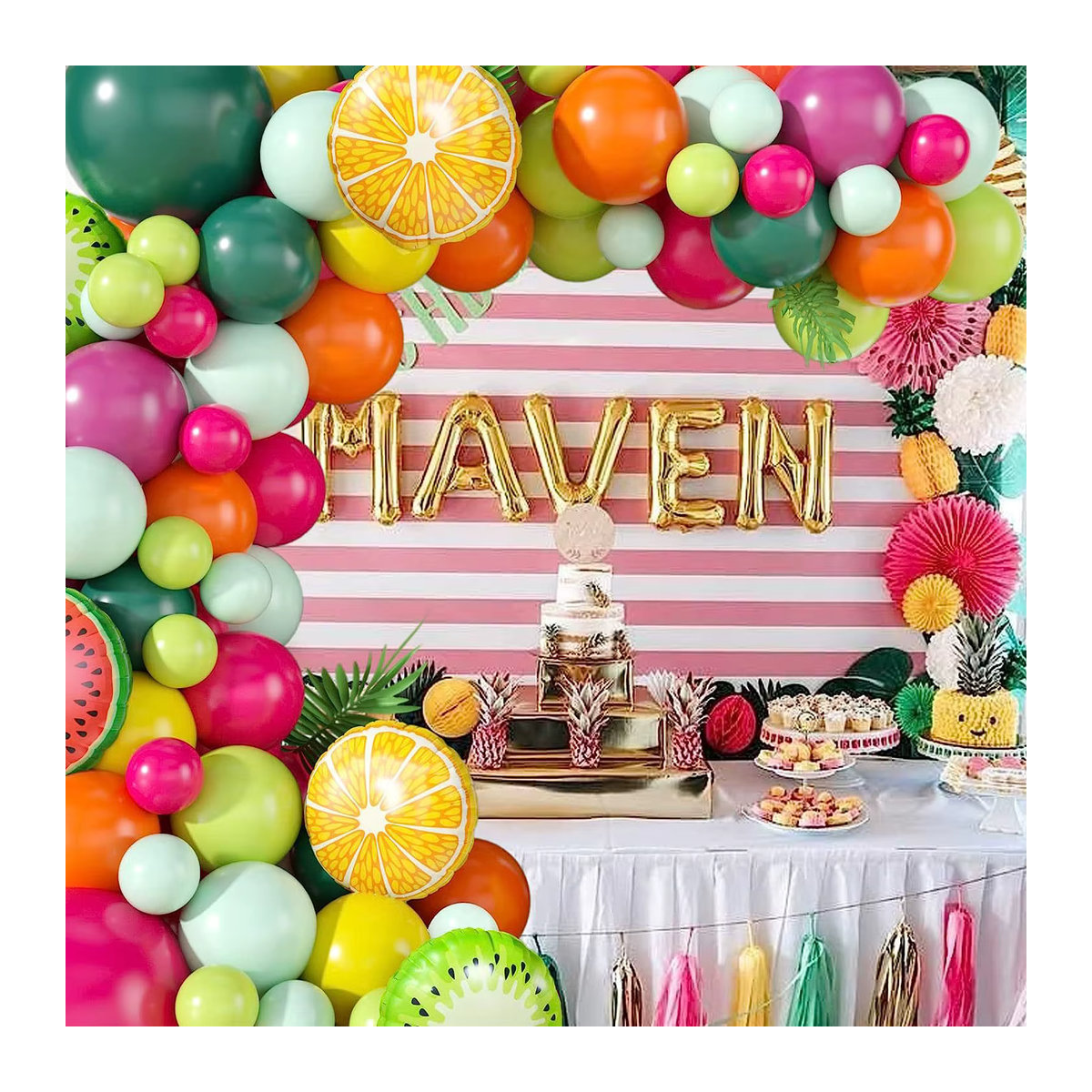 105-teiliges hawaiianisches Sommer-Ballonkranz-Set mit Fruchtmotiv in den Farben Rosa, Gelb, Grün, Orange und Wassermelone für deinen Geburtstag - Bild 5