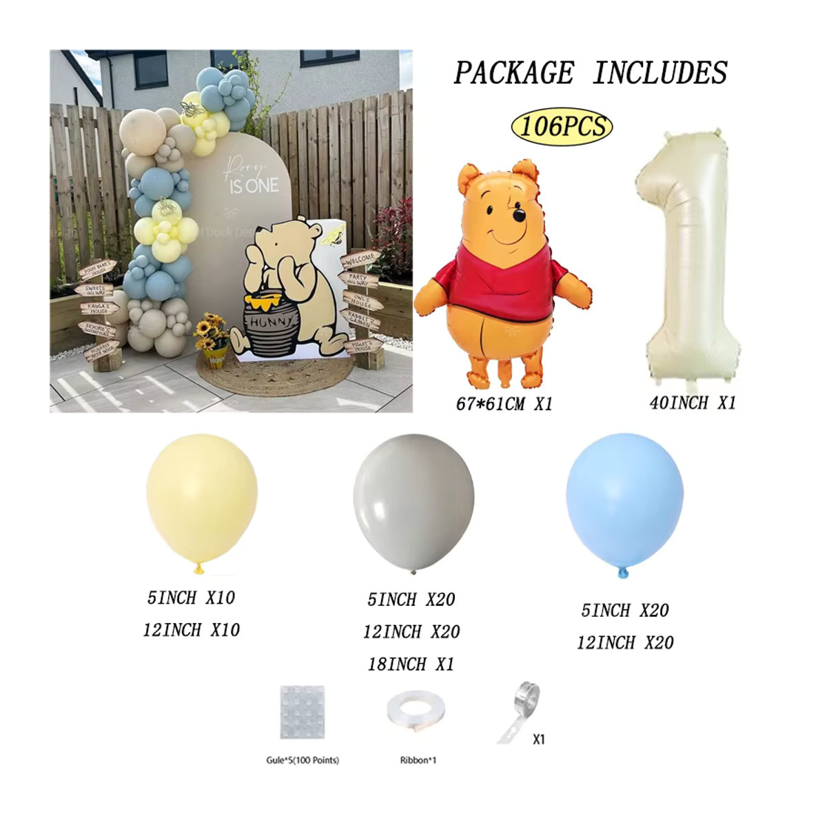 106 Stück Winnie Bear Theme Ballon-Set mit Disney Zahlenfolienballons und Latexballons in Creme für Geburtstag und Babyparty - Bild 2