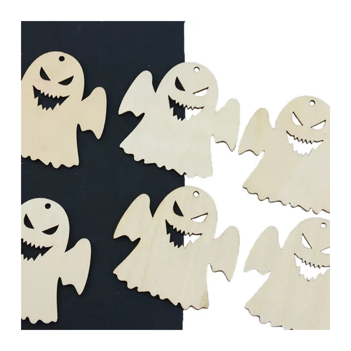 10er Paket Halloween Holz Geist Hängeornamente zur DIY Dekoration, Farbe: Braun/Beige, Durchmesser: 8 cm - Bild 1