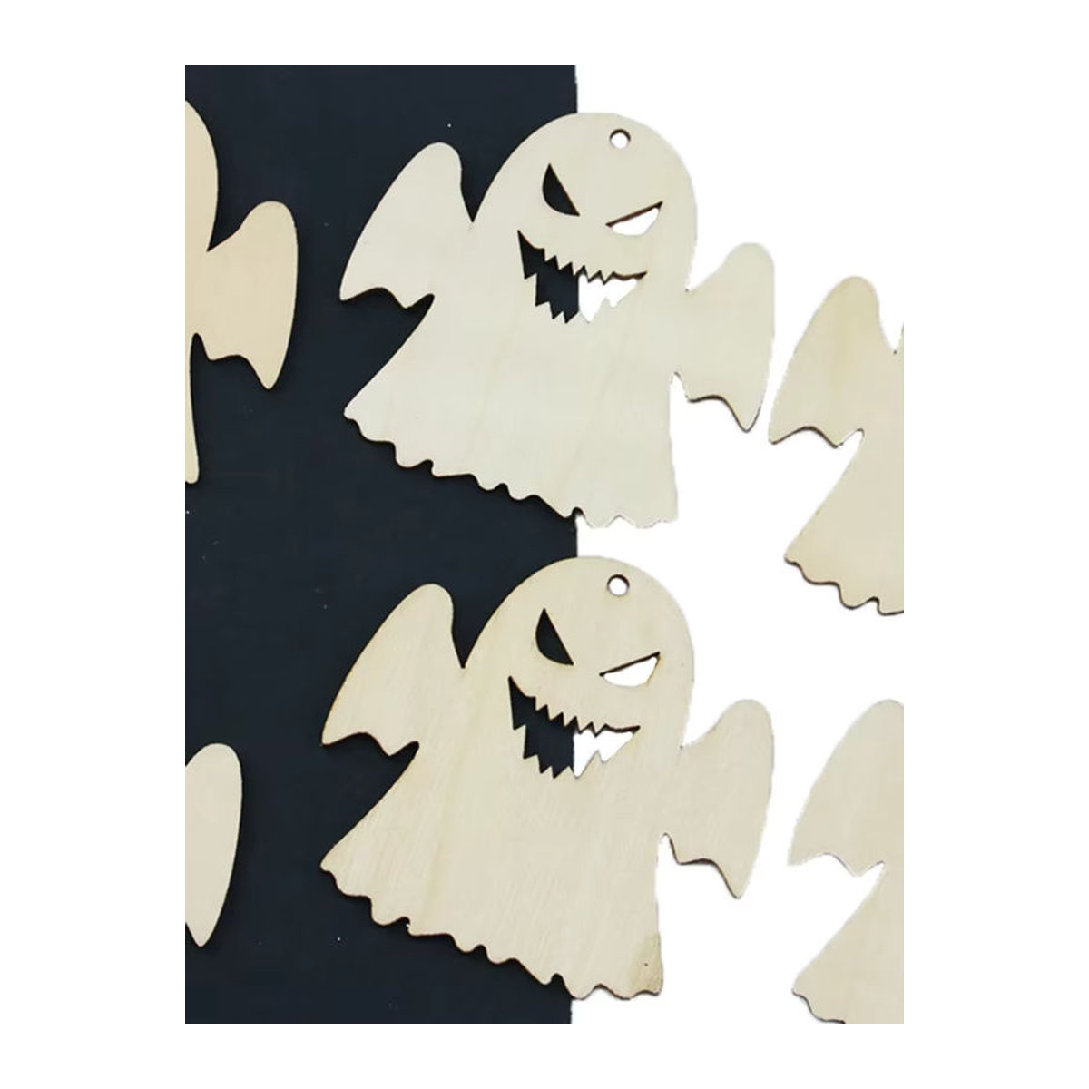 10er Paket Halloween Holz Geist Hängeornamente zur DIY Dekoration, Farbe: Braun/Beige, Durchmesser: 8 cm - Bild 3