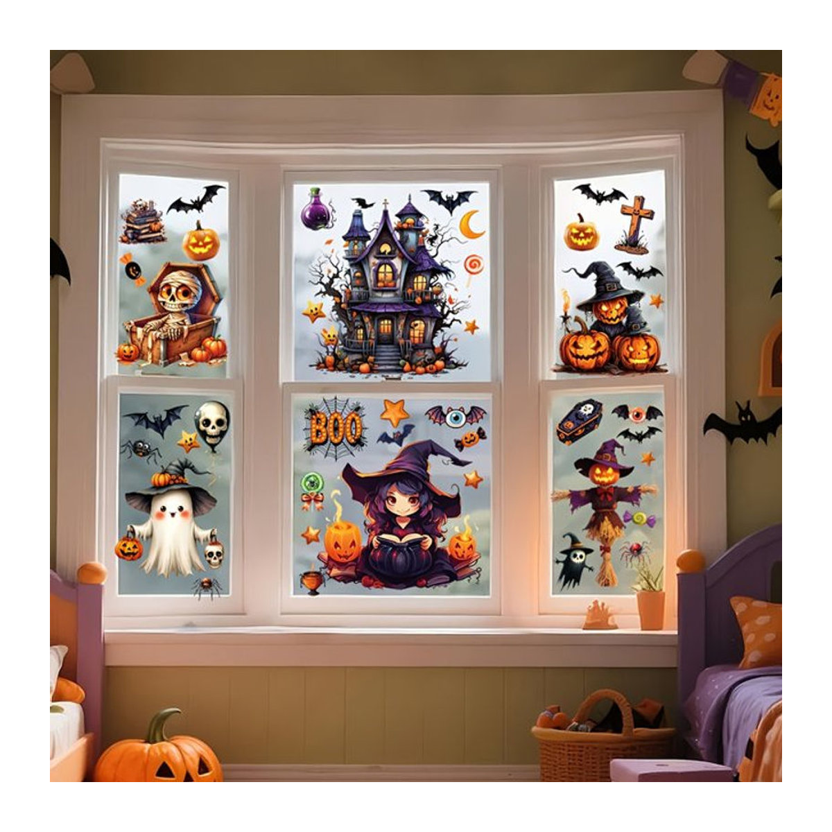 10er Set 3D Halloween Fensteraufkleber aus PVC mit Fledermaus, Hexe und Kürbis Motiven in Mehrfarbig, Größe: 20 x 30 cm - Bild 1