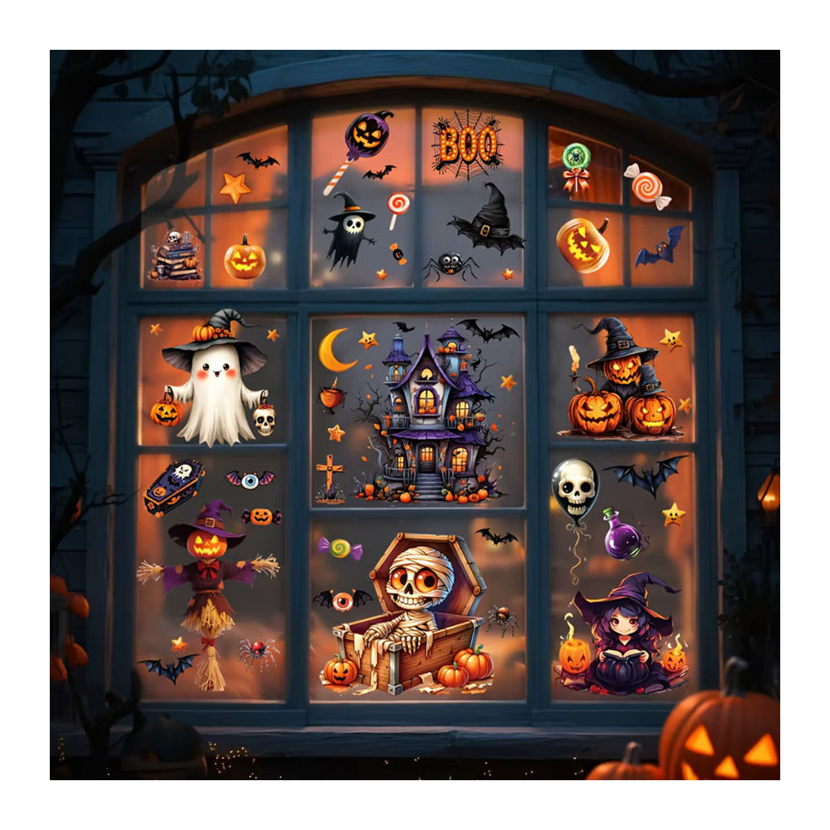 10er Set 3D Halloween Fensteraufkleber aus PVC mit Fledermaus, Hexe und Kürbis Motiven in Mehrfarbig, Größe: 20 x 30 cm - Bild 2