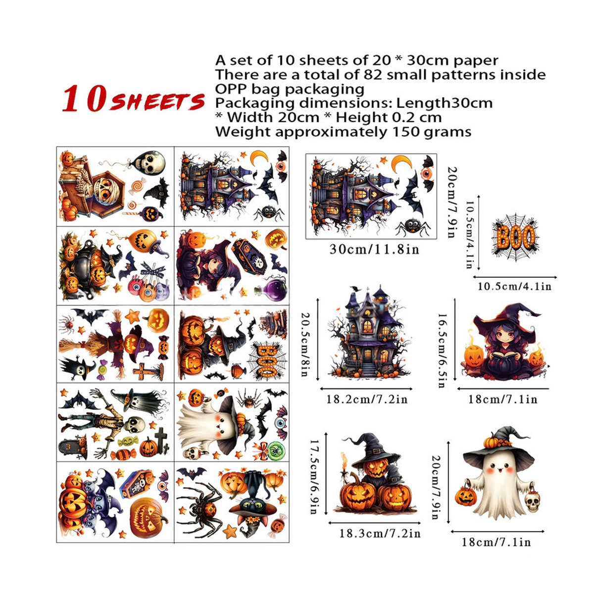 10er Set 3D Halloween Fensteraufkleber aus PVC mit Fledermaus, Hexe und Kürbis Motiven in Mehrfarbig, Größe: 20 x 30 cm - Bild 3