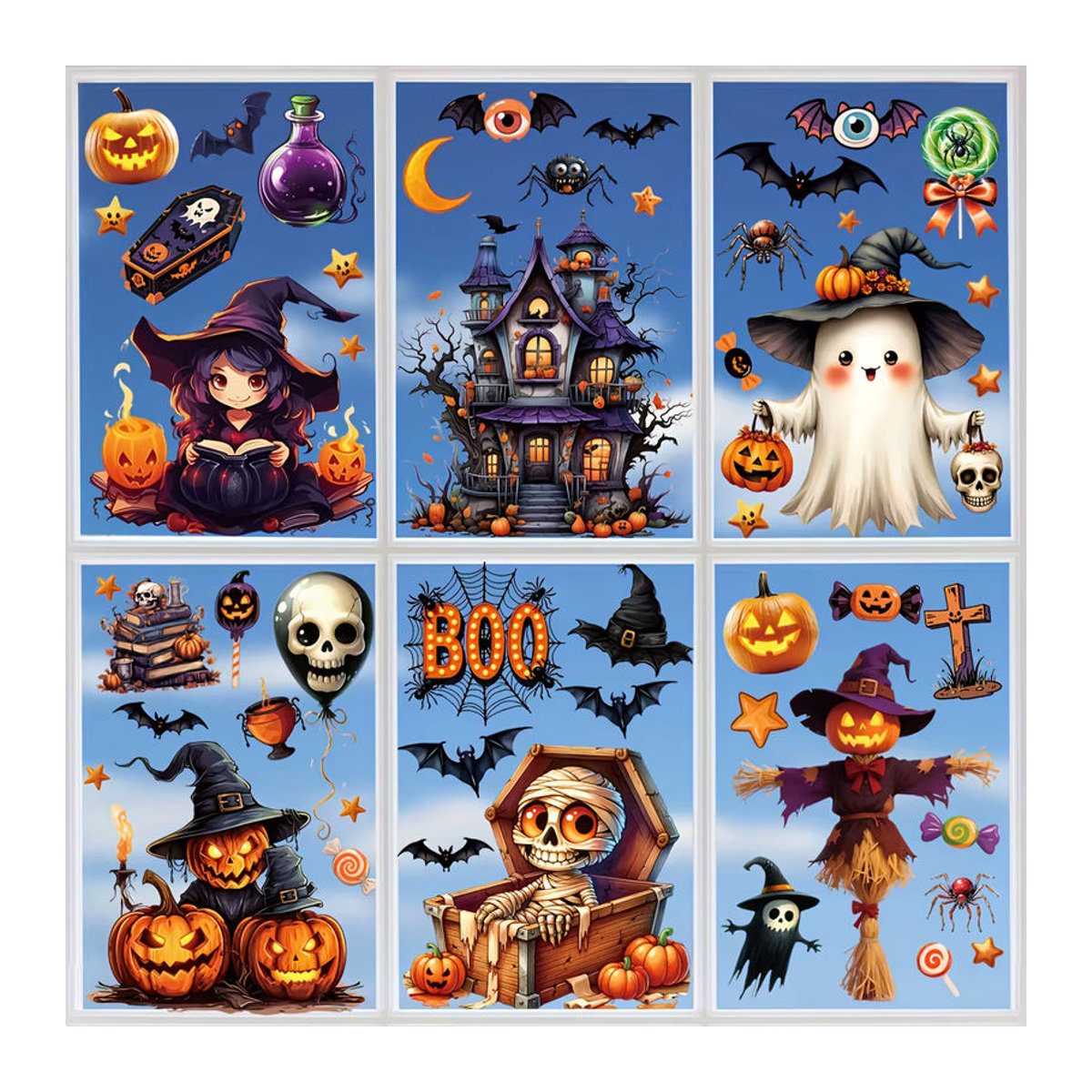 10er Set 3D Halloween Fensteraufkleber aus PVC mit Fledermaus, Hexe und Kürbis Motiven in Mehrfarbig, Größe: 20 x 30 cm - Bild 4