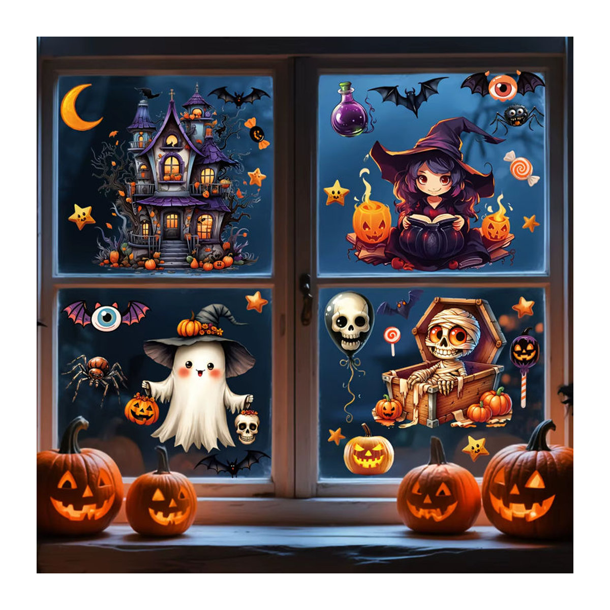 10er Set 3D Halloween Fensteraufkleber aus PVC mit Fledermaus, Hexe und Kürbis Motiven in Mehrfarbig, Größe: 20 x 30 cm - Bild 5