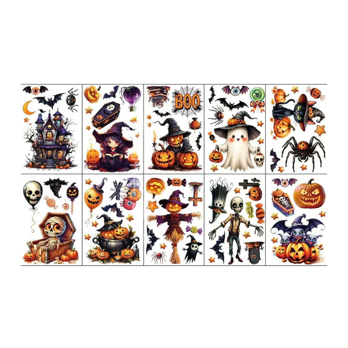 10er Set 3D Halloween Fensteraufkleber aus PVC mit Fledermaus, Hexe und Kürbis Motiven in Mehrfarbig, Größe: 20 x 30 cm - Bild 6