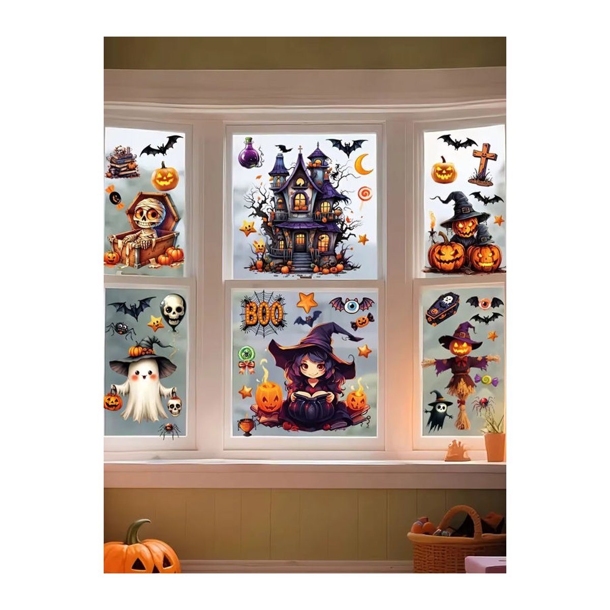 10er Set 3D Halloween Fensteraufkleber aus PVC mit Fledermaus, Hexe und Kürbis Motiven in Mehrfarbig, Größe: 20 x 30 cm - Bild 7