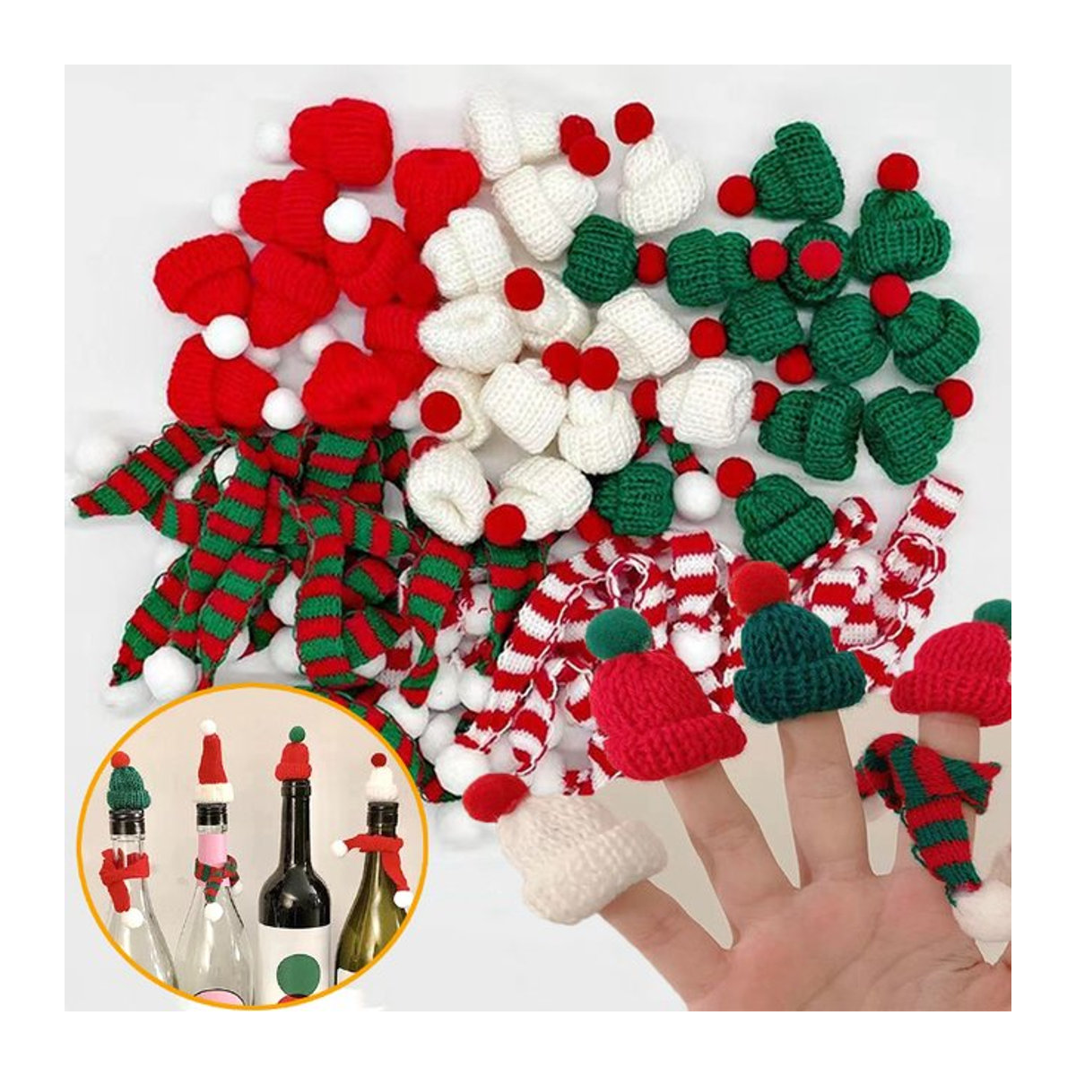 10er Set Alivparty Mini Gewebte Hüte und Schals in Mehrfarbig für Flaschenpuppen und Weihnachtsdekoration - Bild 1