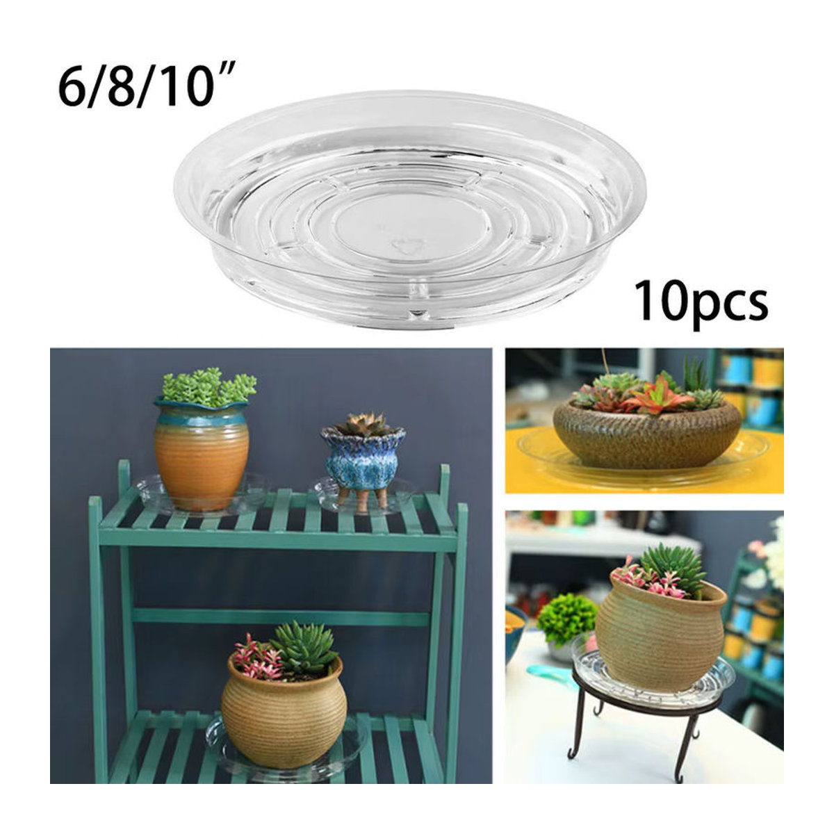10er Set Blumentopf Untersetzer aus transparentem PET Kunststoff in den Größen 6, 8 und 10 Zoll für Garten und Innenbereich - Bild 2
