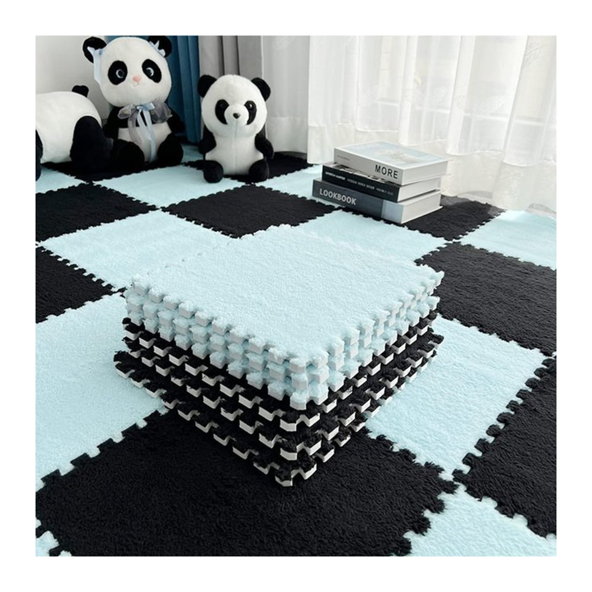 10er Set DHDH Schaum Puzzle Bodenmatte aus Plüsch, ineinandergreifende Flauschige Playmat Teppich für Schlafzimmer und Spielbereich, mehrfarbig und schwarz, Höhe: 1 cm - Bild 1