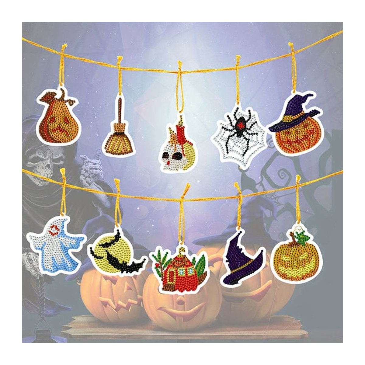 10er Set DIY Diamantmalerei Halloween Anhänger mit Kürbis, Spinne und Geist als Mosaik-Ornament in Mehrfarbig - Bild 1