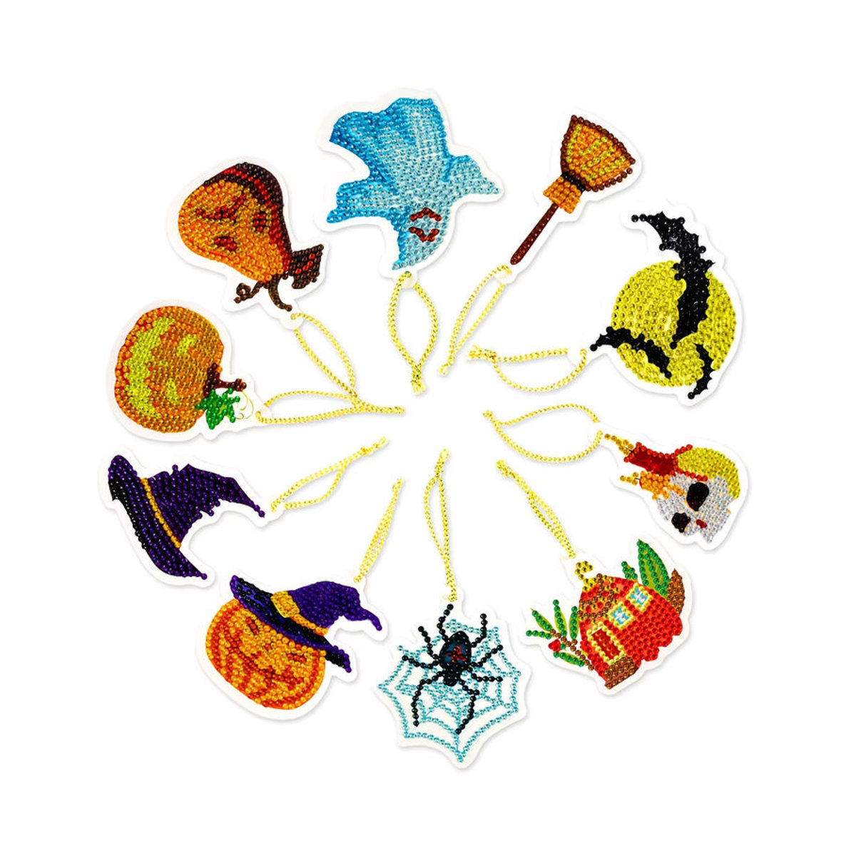 10er Set DIY Diamantmalerei Halloween Anhänger mit Kürbis, Spinne und Geist als Mosaik-Ornament in Mehrfarbig - Bild 2