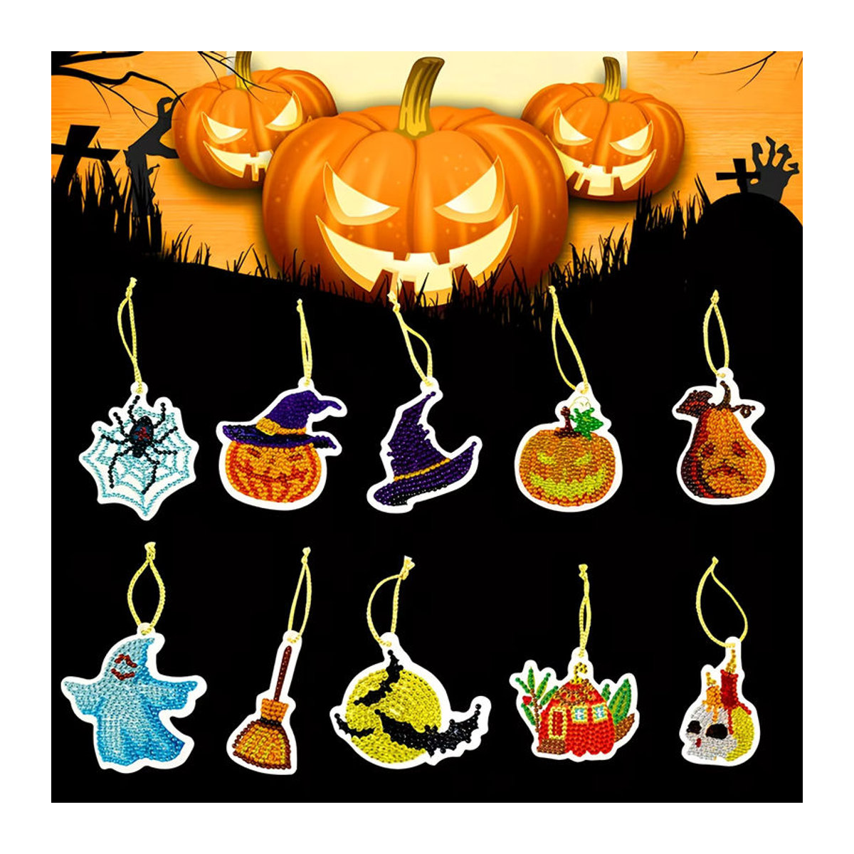 10er Set DIY Diamantmalerei Halloween Anhänger mit Kürbis, Spinne und Geist als Mosaik-Ornament in Mehrfarbig - Bild 3