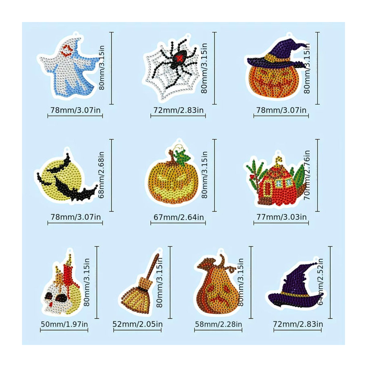 10er Set DIY Diamantmalerei Halloween Anhänger mit Kürbis, Spinne und Geist als Mosaik-Ornament in Mehrfarbig - Bild 5