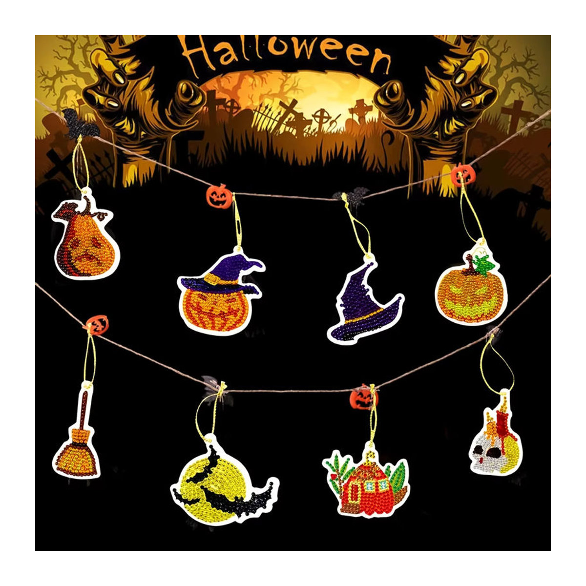 10er Set DIY Diamantmalerei Halloween Anhänger mit Kürbis, Spinne und Geist als Mosaik-Ornament in Mehrfarbig - Bild 6
