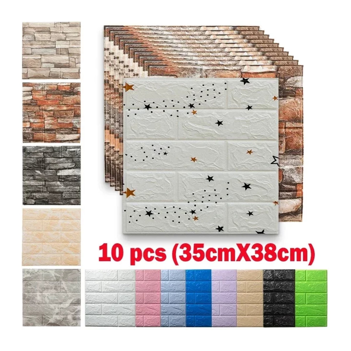 10er Set KAMULA 3D-Schaumstoff-Wandaufkleber in Weiß, wasserfeste Ziegelstein-Tapete im rustikalen Design zur Wanddekoration - Bild 1