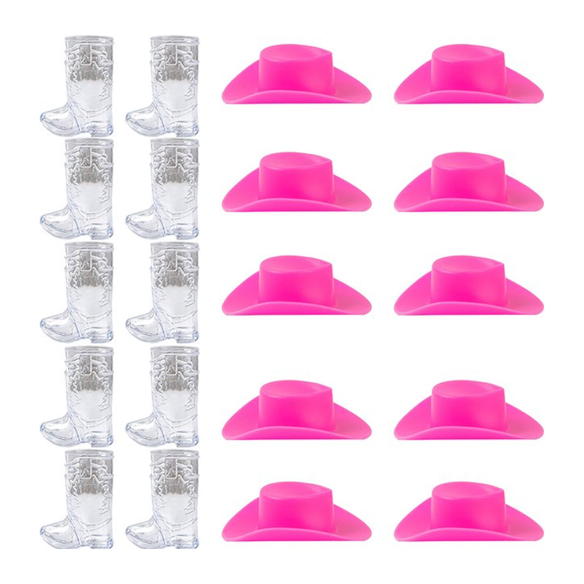 10er Set Mini Cowboy Hut und Cowboy Boot mit Shot-Gläsern aus Kunststoff in Rosa und Braun für den Junggesellinnenabschied - Bild 1