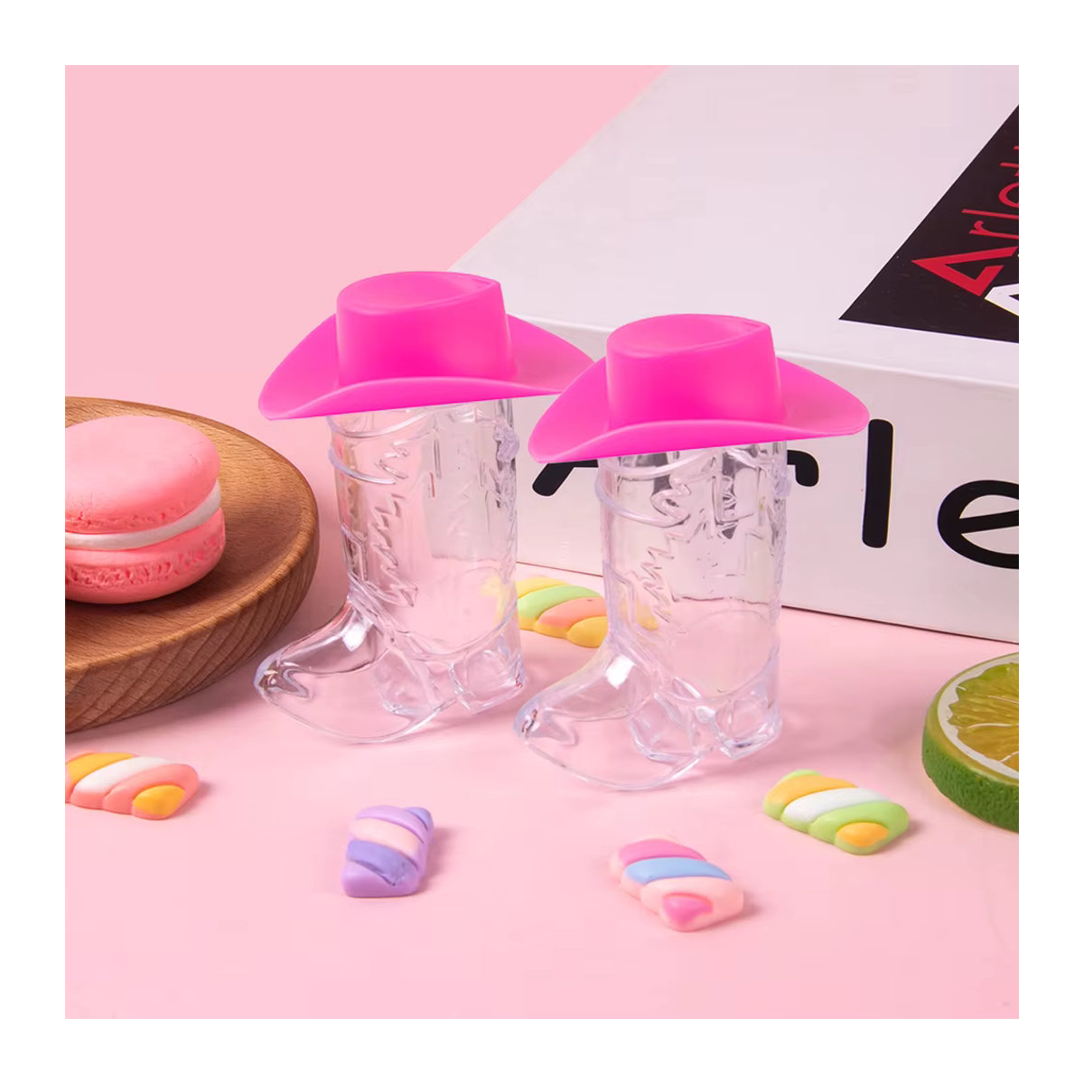 10er Set Mini Cowboy Hut und Cowboy Boot mit Shot-Gläsern aus Kunststoff in Rosa und Braun für den Junggesellinnenabschied - Bild 3