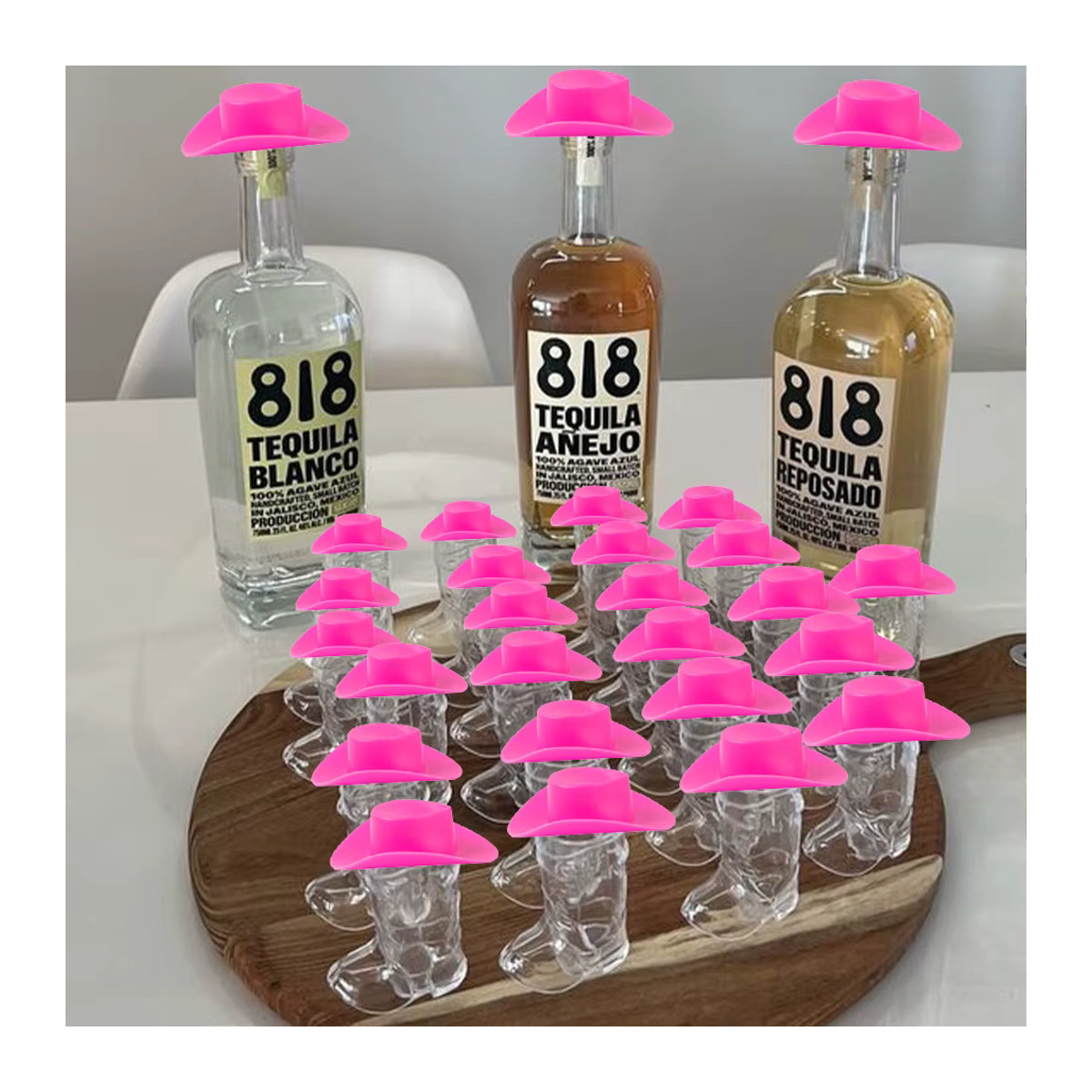 10er Set Mini Cowboy Hut und Cowboy Boot mit Shot-Gläsern aus Kunststoff in Rosa und Braun für den Junggesellinnenabschied - Bild 4