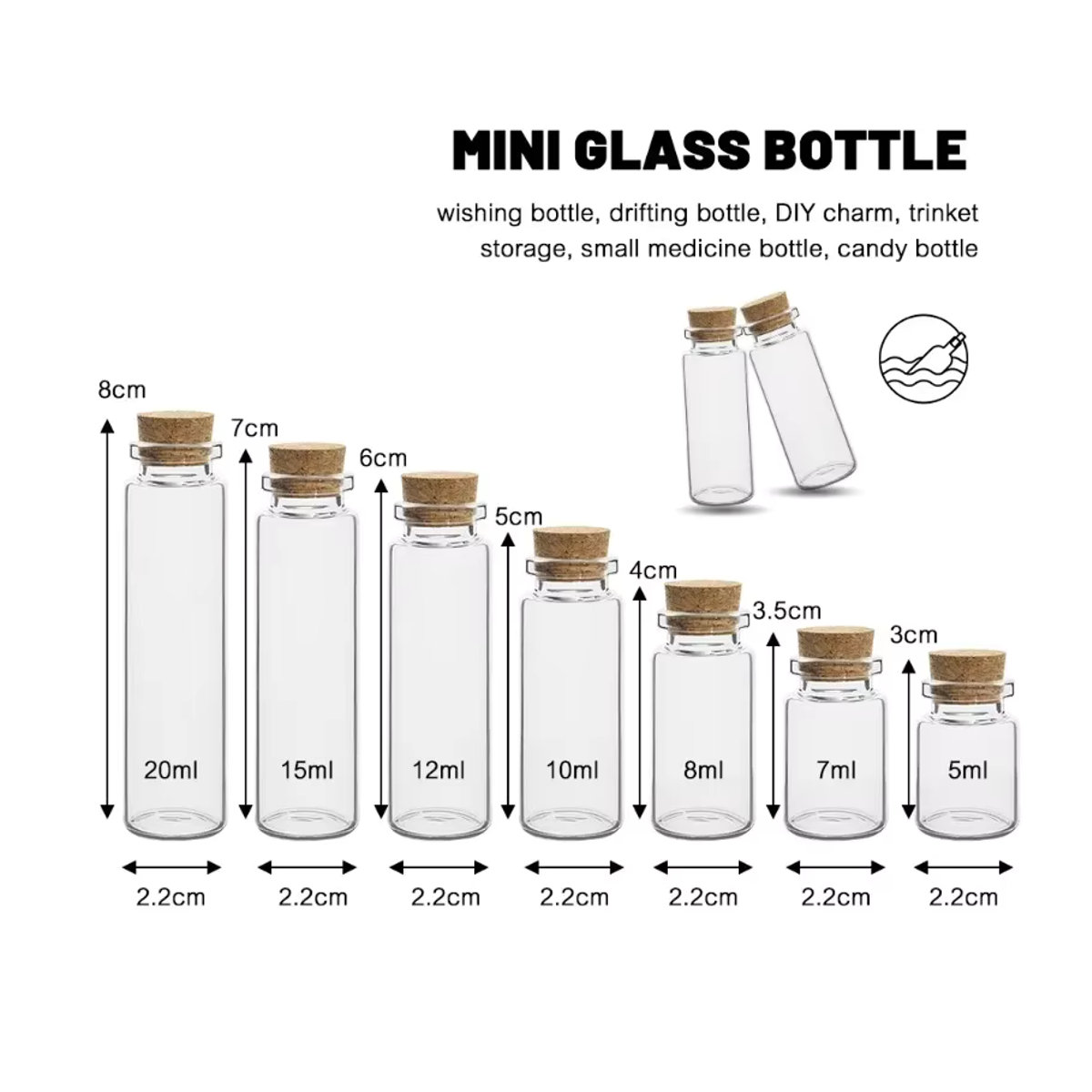 10er Set Mini Glasflaschen mit Korken in Transparent, kleine Glasfläschchen für DIY Dekoration und Wunschflaschen, 5 ml bis 20 ml - Bild 4