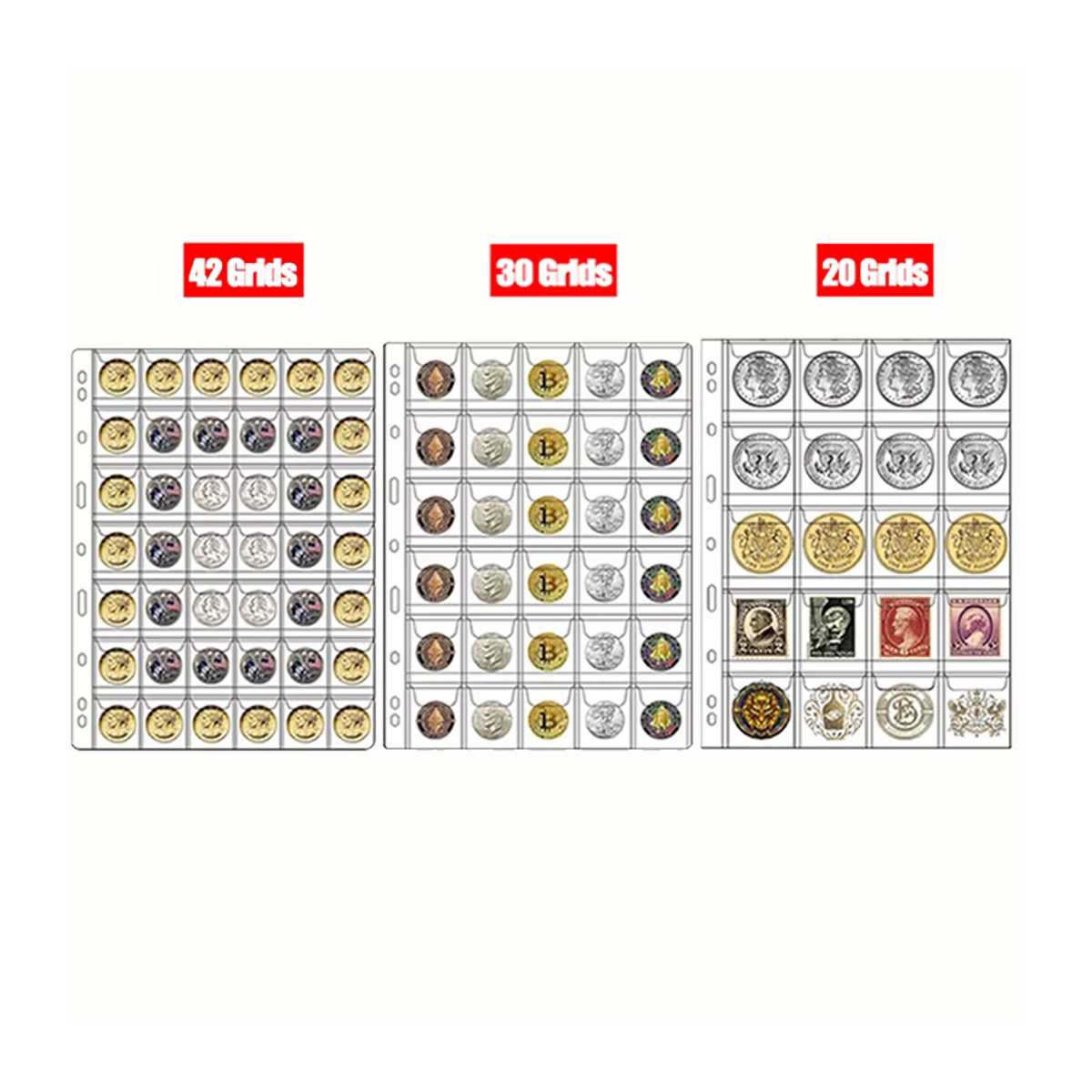 10er Set Münzalbum Seiten aus transparentem PVC für die Münzsammlung mit 20, 30 und 42 Taschen - Bild 2