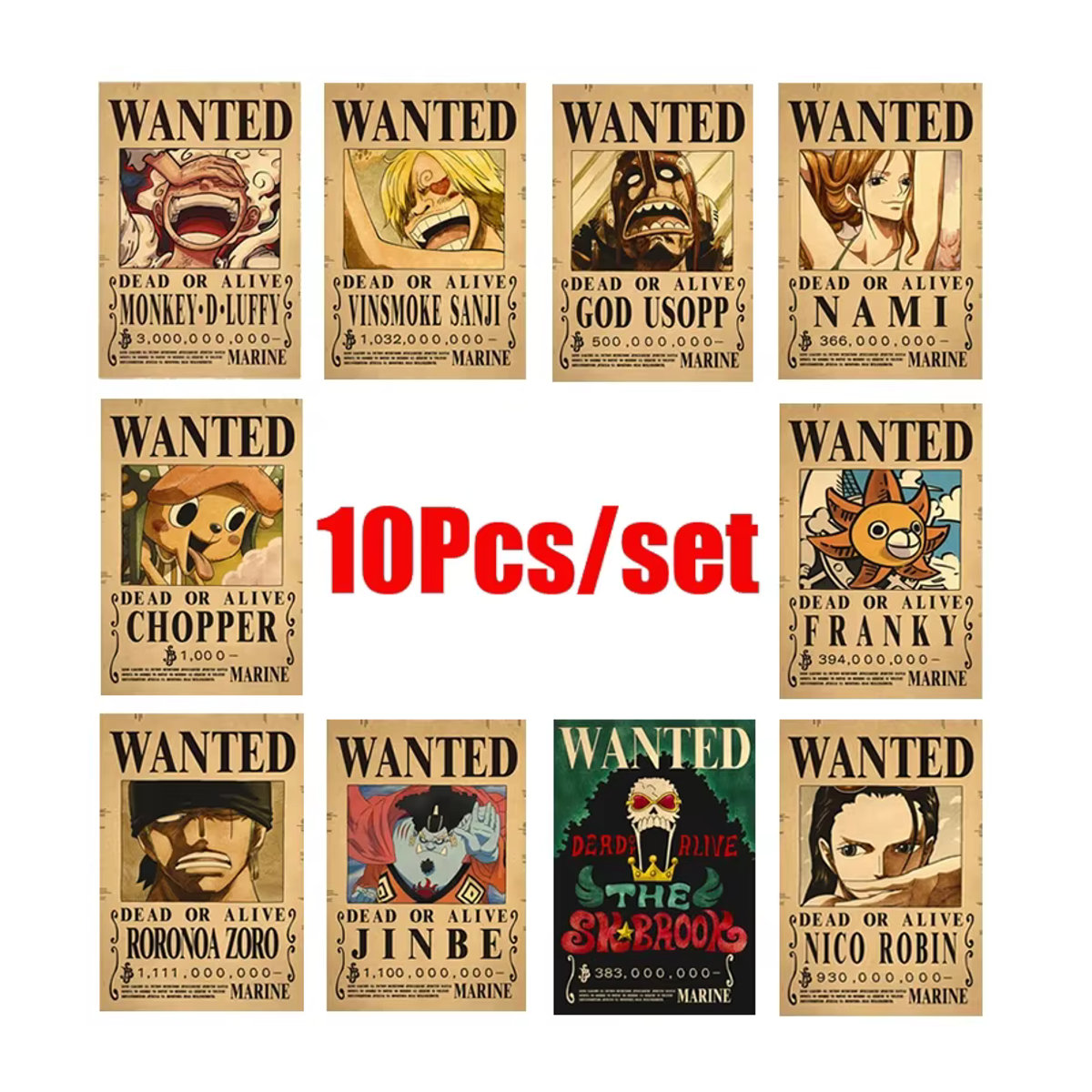 10er Set One Piece Anime Vintage Poster mit Ruffy und Zoro Wanddekoration aus Papier, mehrfarbig - Bild 2