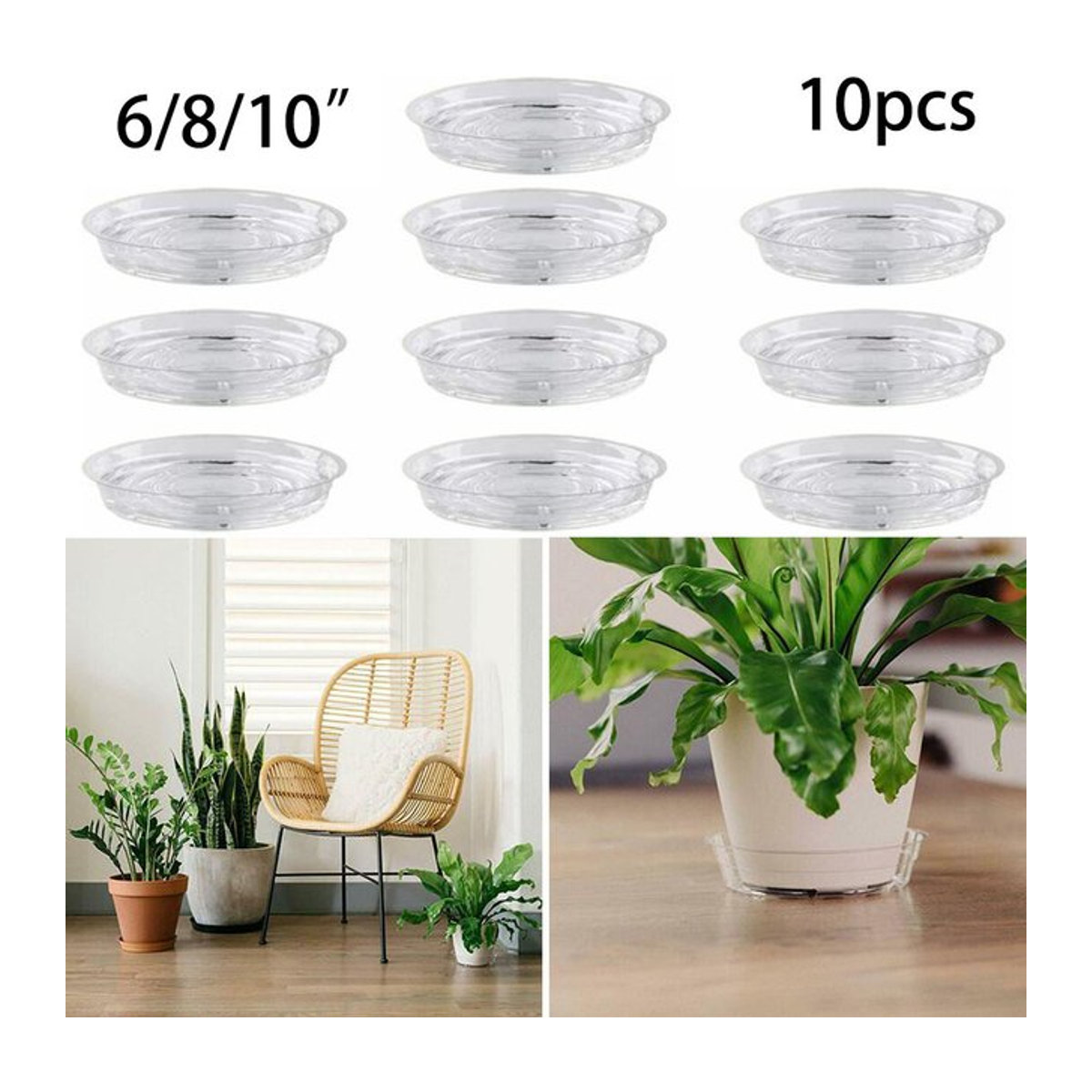 10er Set VIBRATITE Pflanzuntertassen aus transparentem Harz für Blumentöpfe im Garten und Zuhause - Bild 1