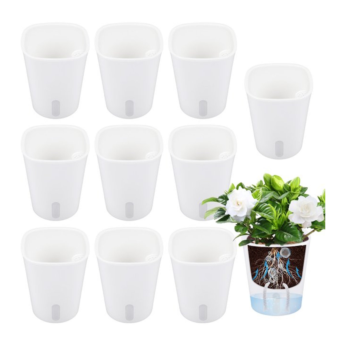 10er Set Willstar Selbstbewässernde Hydrokultur-Blumentöpfe aus Kunststoff, quadratisch, transparent und weiß - Bild 1