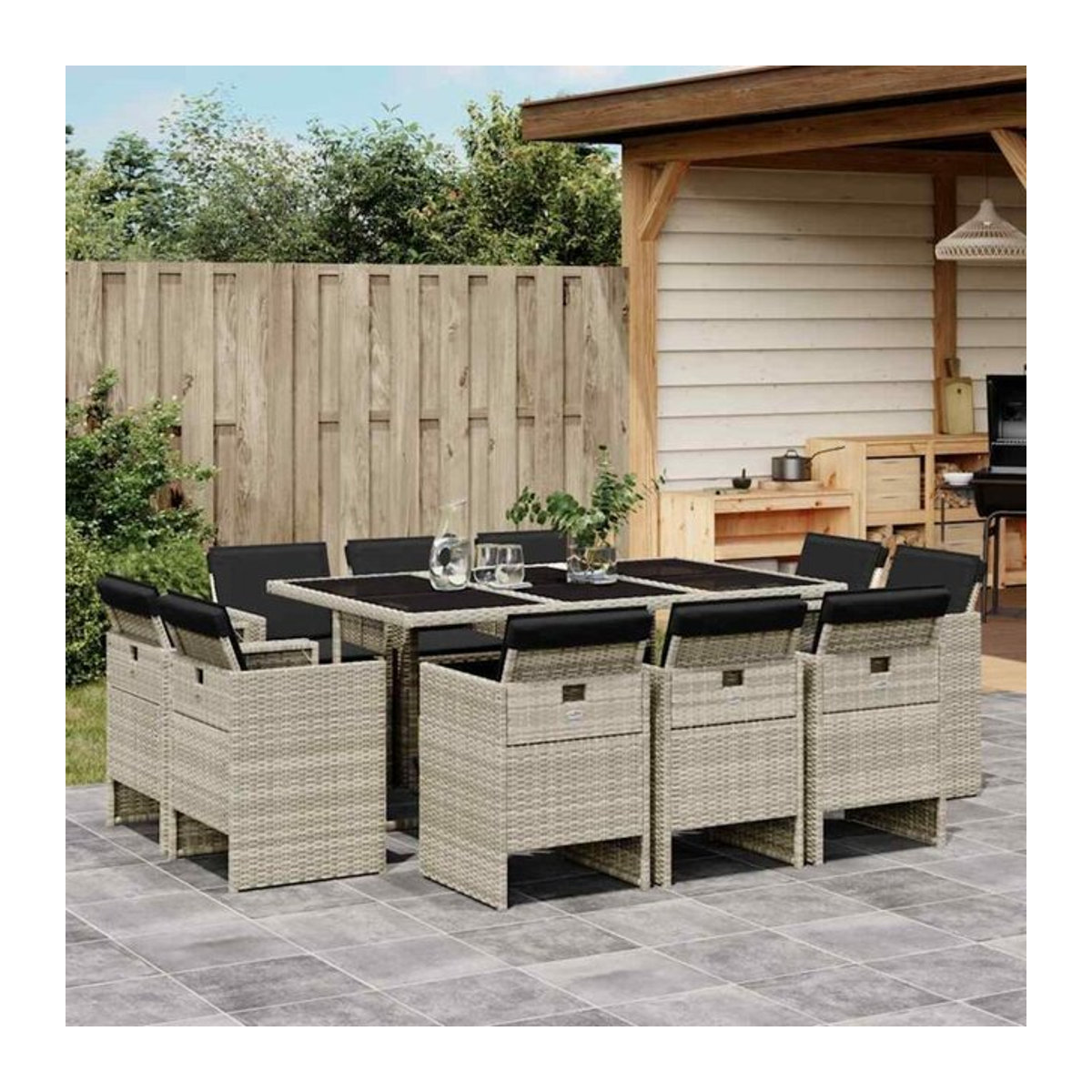 11-teilige moderne Garten-Essgruppe aus Poly-Rattan mit Kissen in Hellgrau von vidaxl - Bild 1