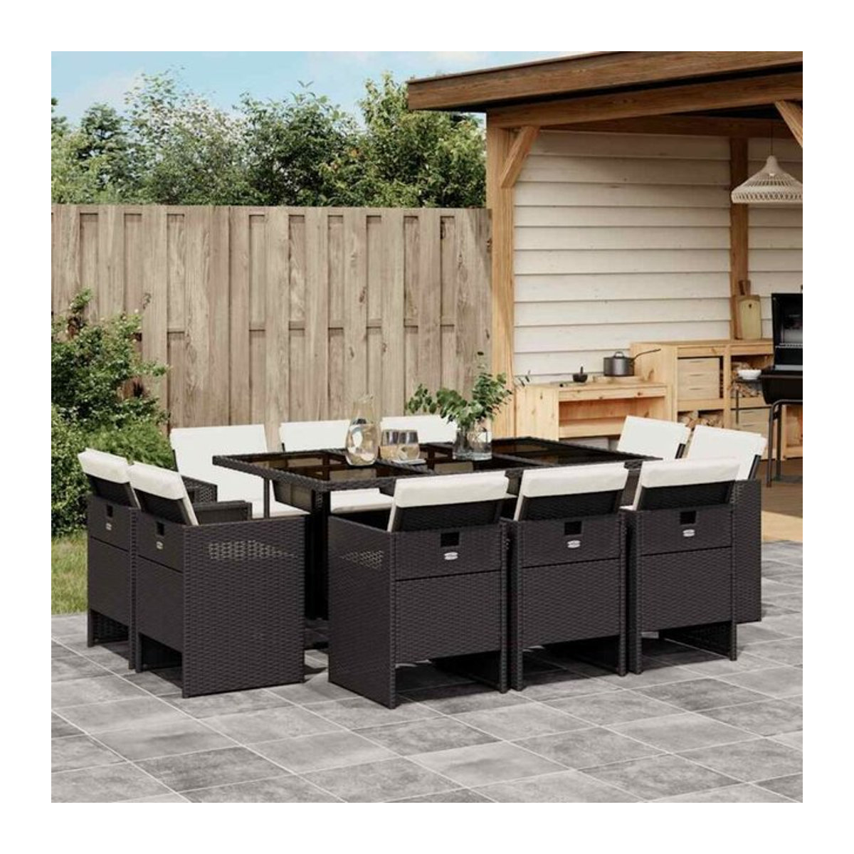 11-teilige moderne Garten-Essgruppe aus Poly-Rattan mit Kissen in Schwarz und Creme von vidaxl - Bild 1