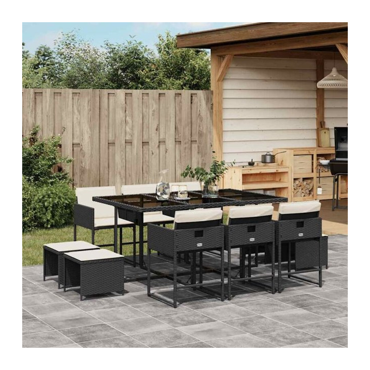 11-teilige moderne Garten-Essgruppe aus Poly-Rattan mit Kissen in Schwarz und Creme von vidaxl - Bild 1
