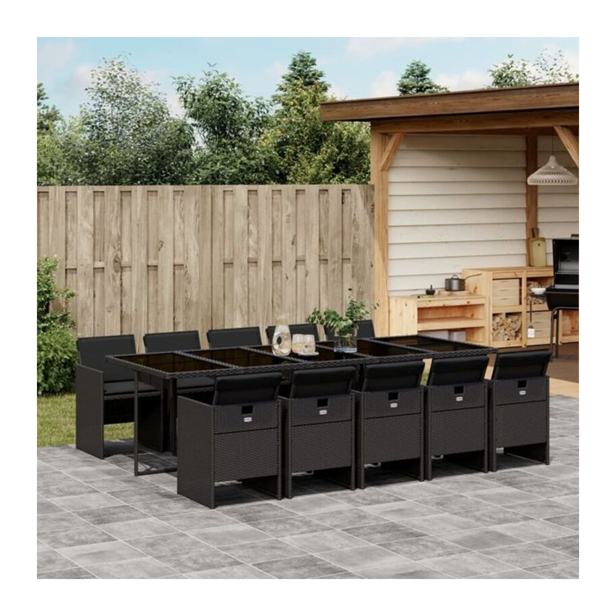 11-teilige moderne Garten-Essgruppe aus Poly-Rattan mit Kissen in Schwarz von vidaxl - Bild 1