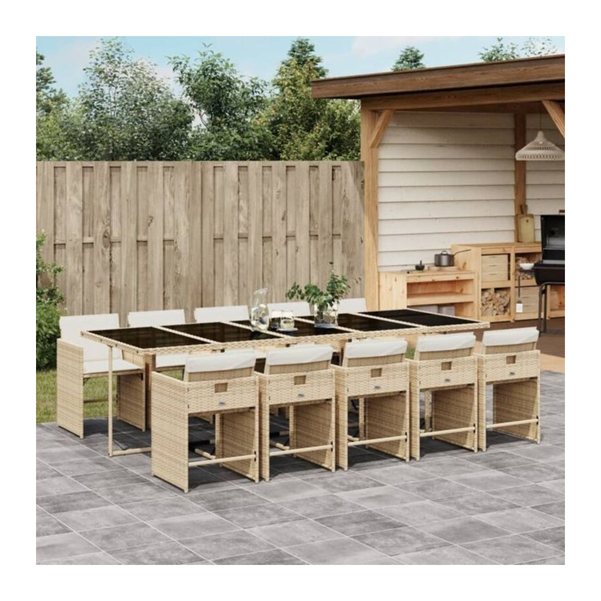 11-teilige moderne Garten-Essgruppe aus Poly-Rattan mit Kissen und Glasplatte in Beige von vidaxl - Bild 1