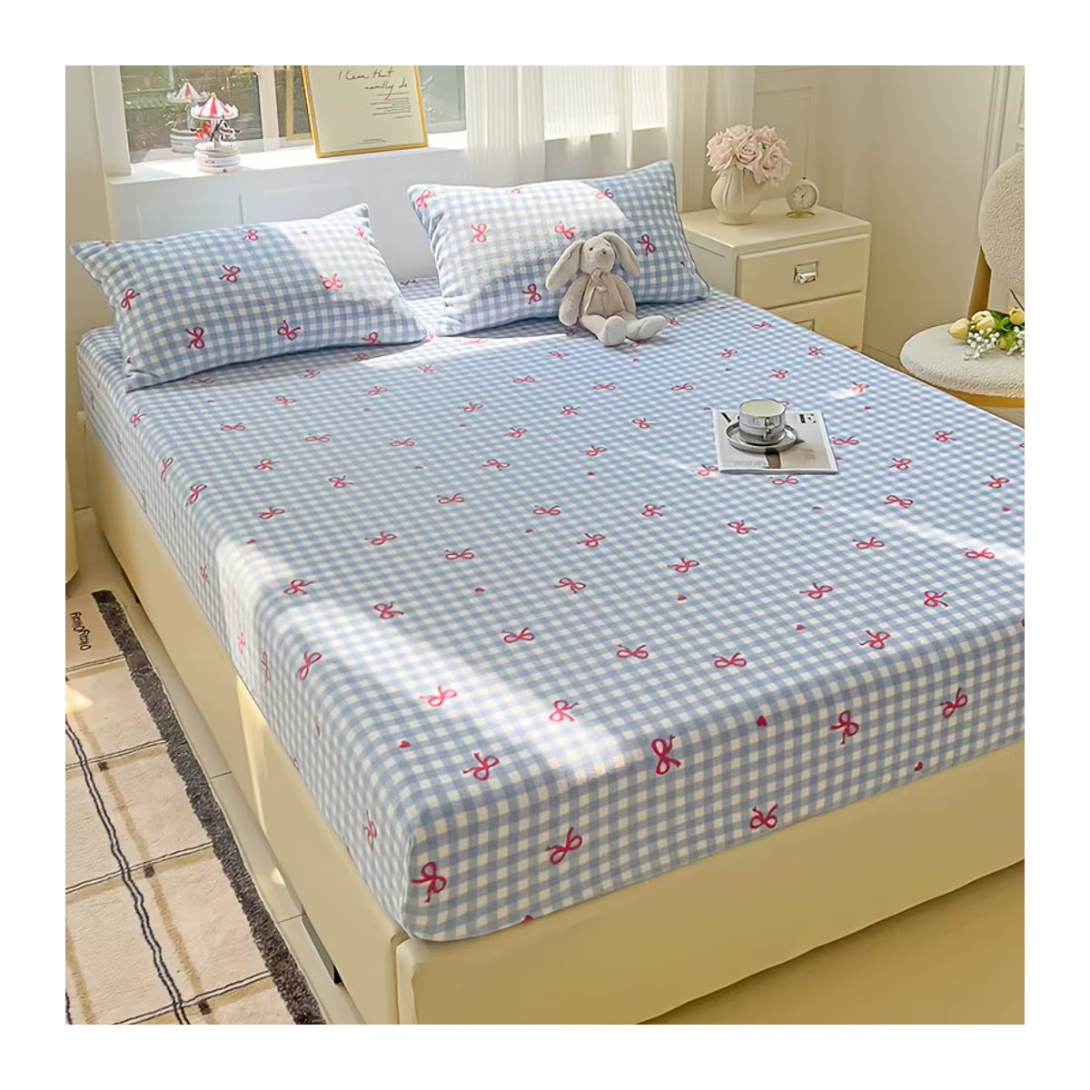 11-teiliges Bettlaken-Set mit Liebesdruck und karierter Schleife in Blau, weich und atmungsaktiv für alle Jahreszeiten - Bild 3