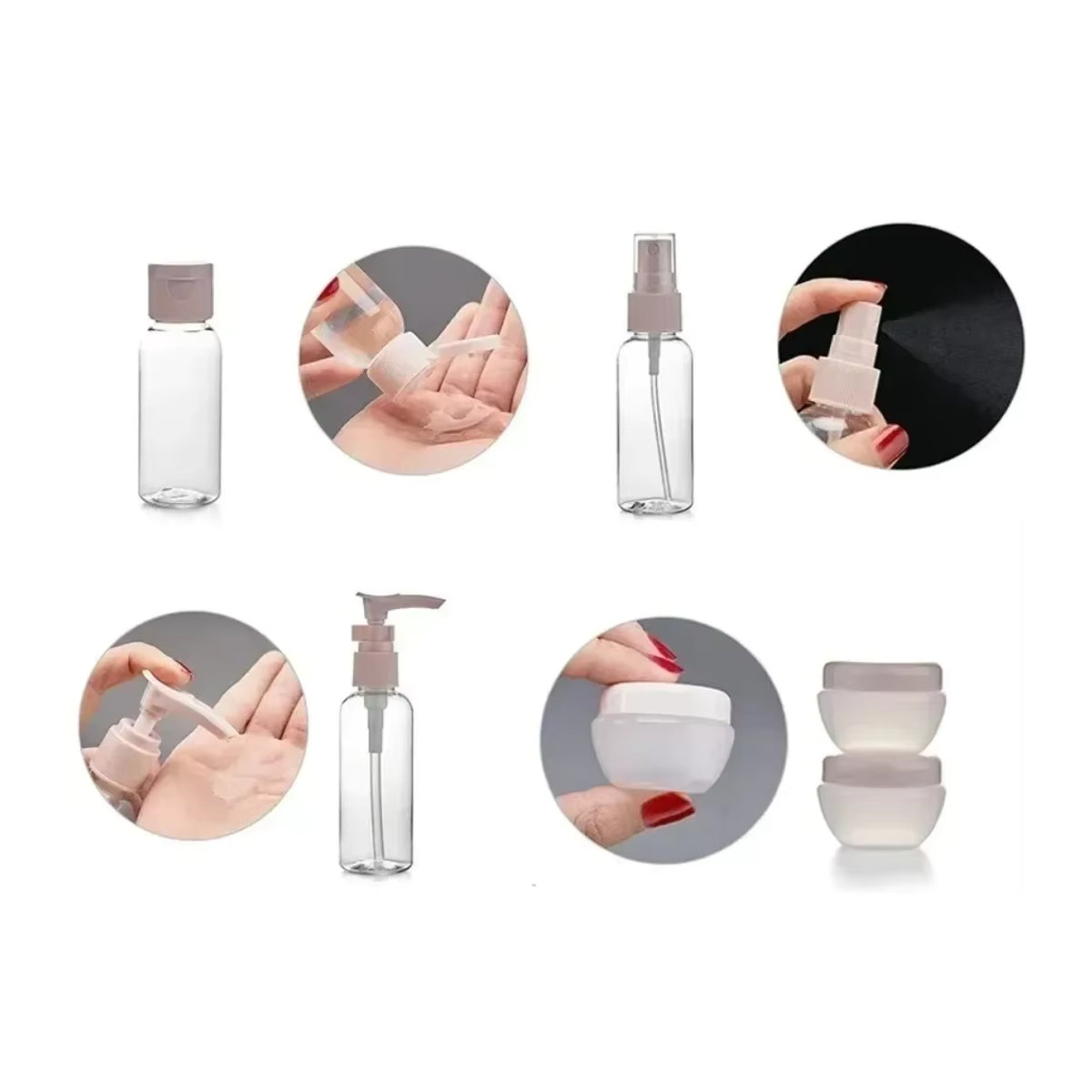 11-teiliges Reiseflaschen-Set in Bunt mit Aufbewahrungstasche, leere Behälter für Lotionen und Cremes inklusive Sprühflasche und Quetschröhrchen - Bild 4
