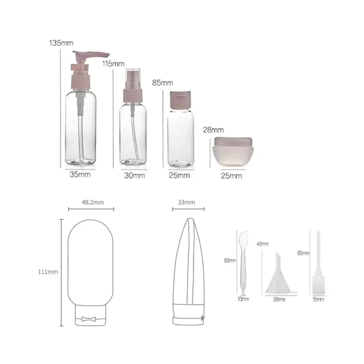 11-teiliges Reiseflaschen-Set in Bunt mit Aufbewahrungstasche, leere Behälter für Lotionen und Cremes inklusive Sprühflasche und Quetschröhrchen - Bild 5
