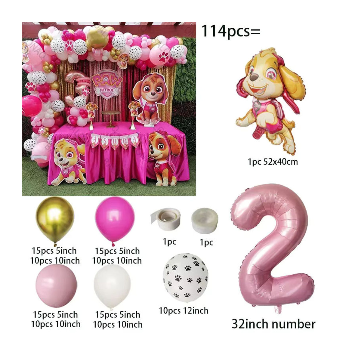 114 Stück PAW Patrol Folienballons Set in Rosa mit Zahlenballons für deine Geburtstagsparty und Babyparty mit Chase und Skye - Bild 2