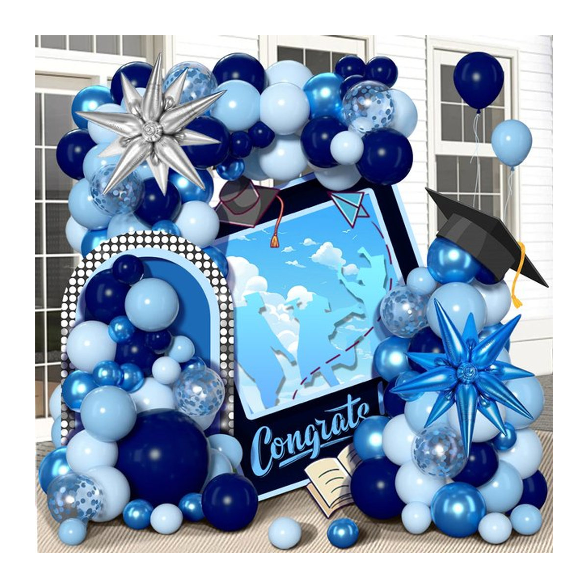 115-teiliges blaues Ballon-Girlandenbogen-Set für deine Abschlussfeier mit Maca-Blau, Marineblau und Sternballons - Bild 1